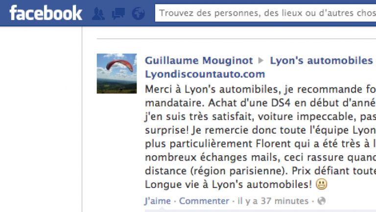 Le dernier AVIS FaceBook de notre client sur notre page Lyon's automobiles mandataire Lyondiscountauto.com